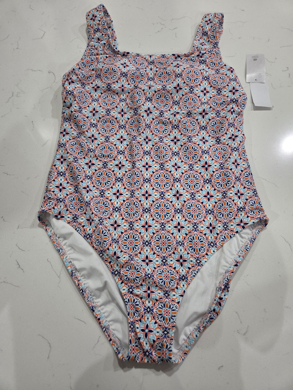 Lands' End Women's One-Piece Swimsuit in Coral, Navy & Aqua Mosaic